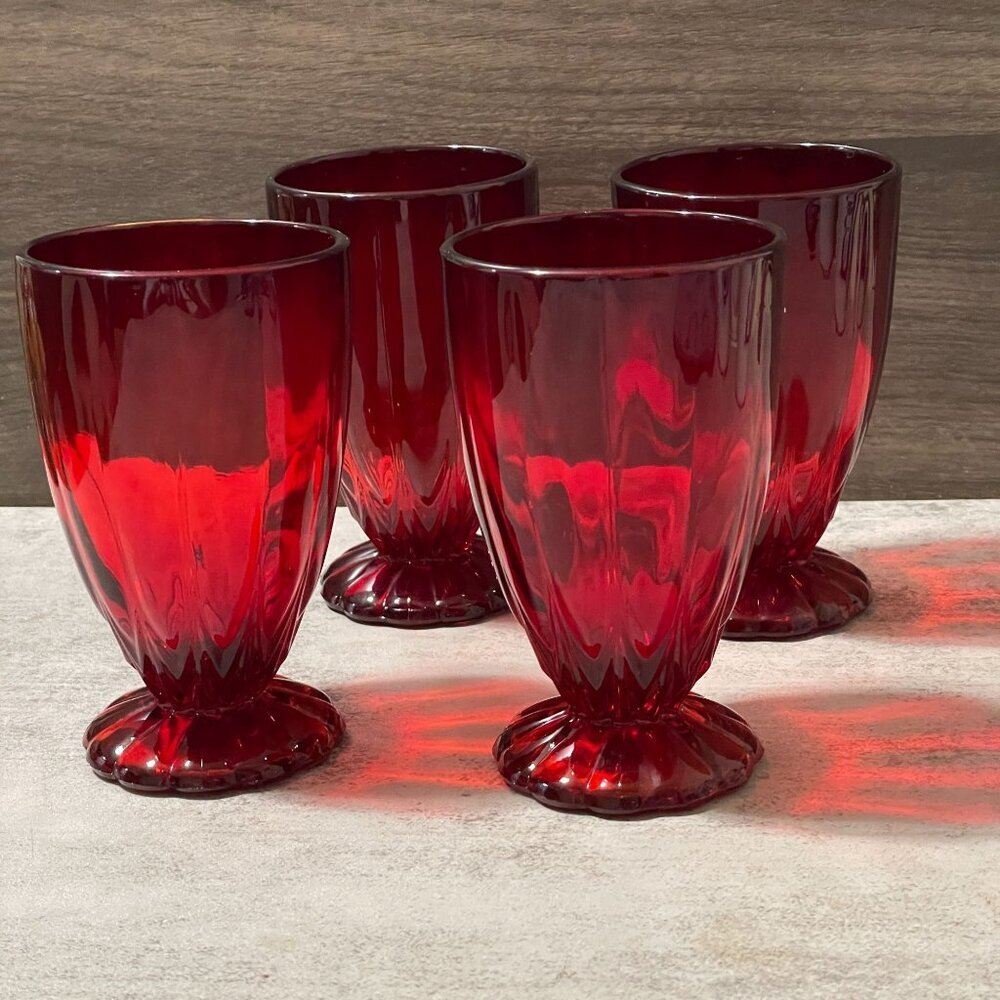 Vintage New Martinsville Janice Ruby Red Set of 4 Depression Water Glasses 8oz.